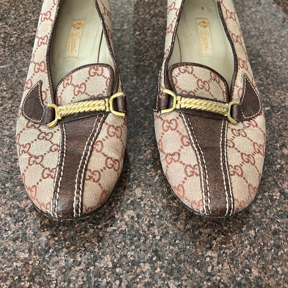GUCCI LADIES BROWN GG WEB GOLD LOW HEEL PUMPS-40B-9.5-VINTAGE - Picture 4 of 14